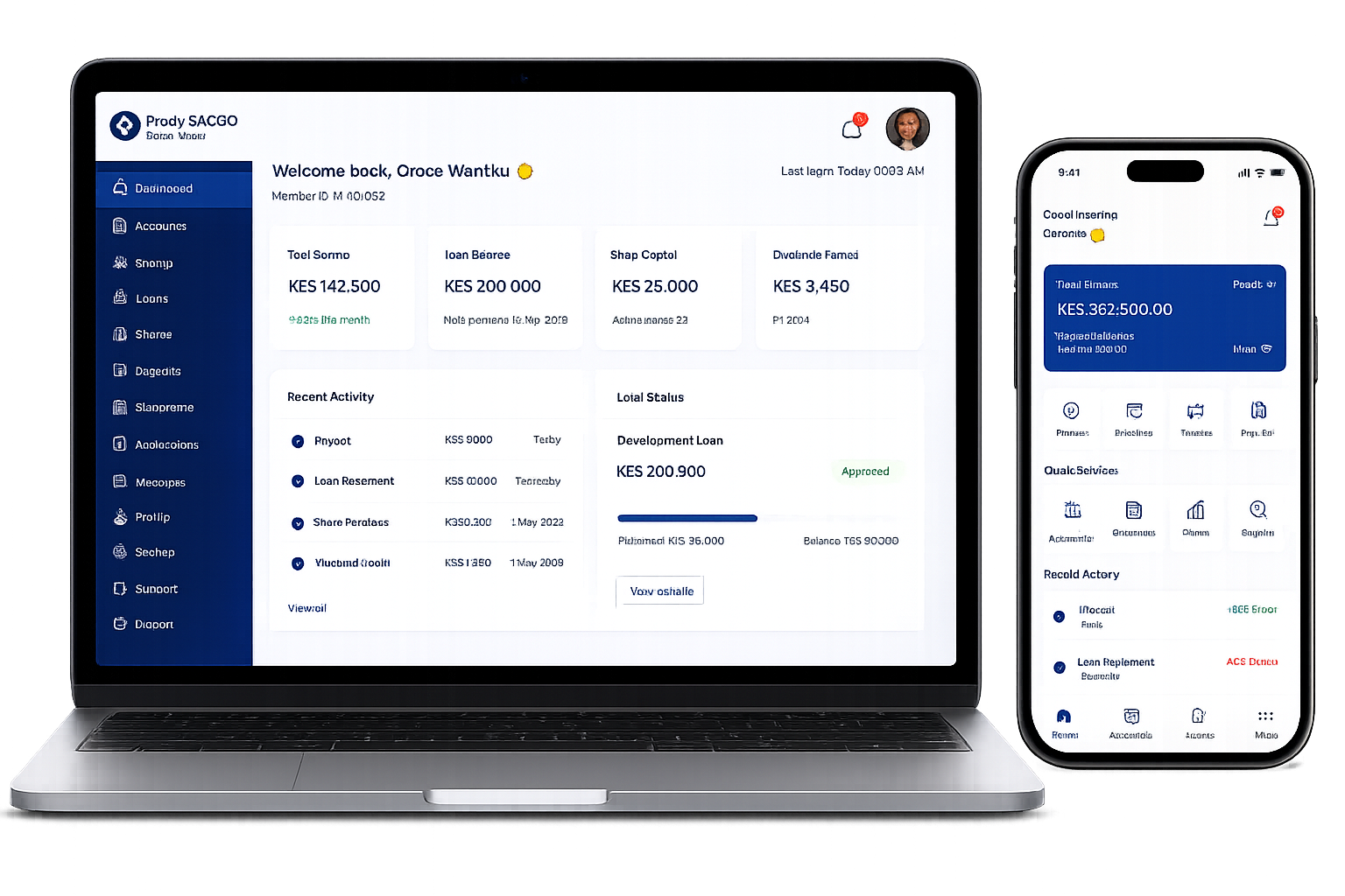 Prady SACCO member portal on laptop and mobile — savings, loans, and statements dashboard